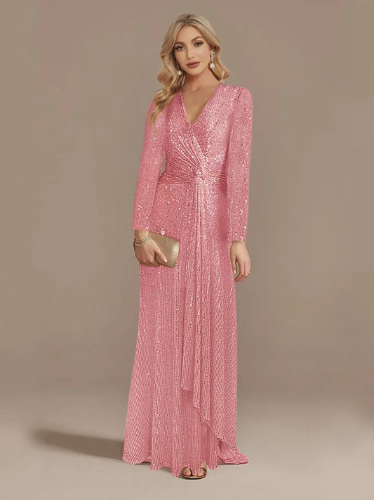 Long Sleeve V-Neck Party Dress Pink / S Partydress-241208