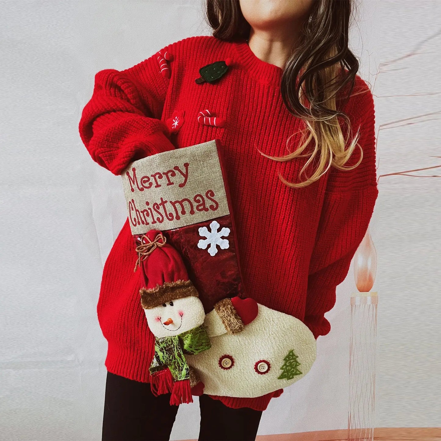 Loose Thickened Red Christmas Snowman Doll Pocket Christmas Sweater