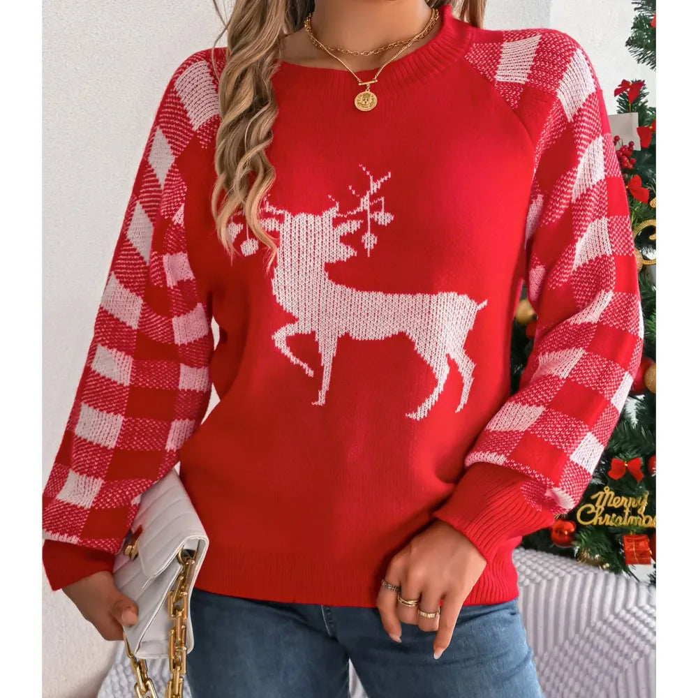 Loose Round Neck Knitted Autumn Winter Plaid Long Sleeved Christmas Christmas Sweater