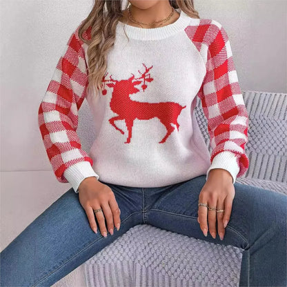 Loose Round Neck Knitted Autumn Winter Plaid Long Sleeved Christmas Christmas Sweater