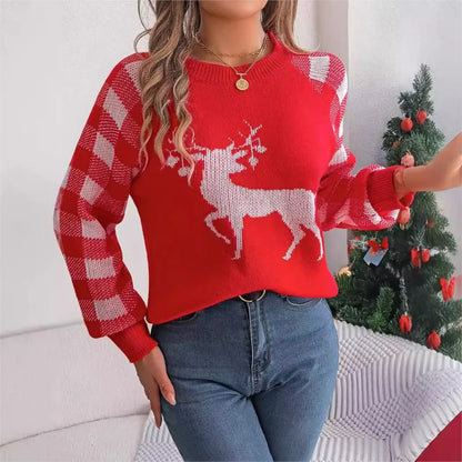 Loose Round Neck Knitted Autumn Winter Plaid Long Sleeved Christmas Christmas Sweater