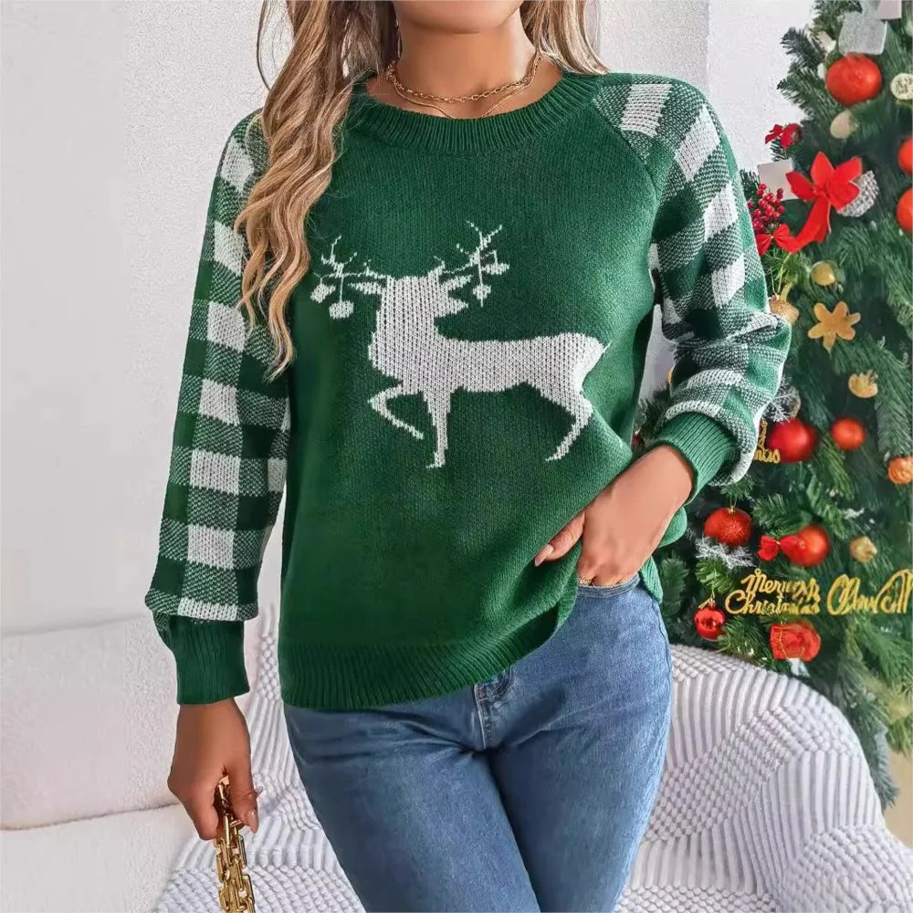 Loose Round Neck Knitted Autumn Winter Plaid Long Sleeved Christmas Christmas Sweater