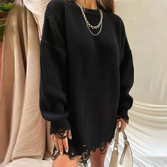 Loose Solid Ripped Round Neck Sweater