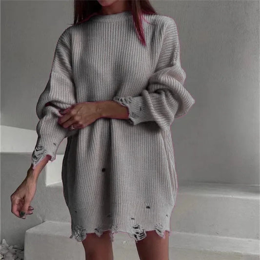 Loose Solid Ripped Round Neck Sweater