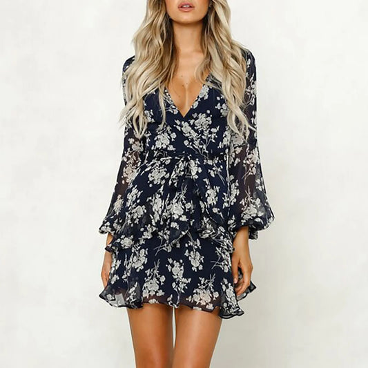 Low Cut V-Neck Bohemian Lace-Up Floral Dress