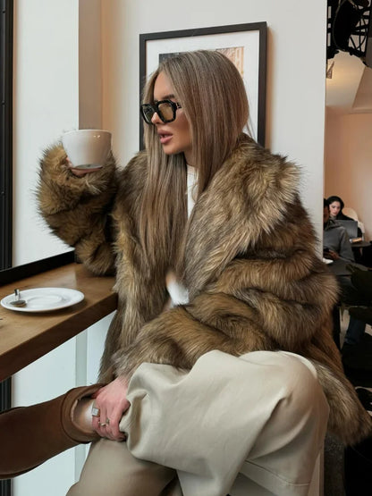 Brown Fluffy Faux Fur Short Coat