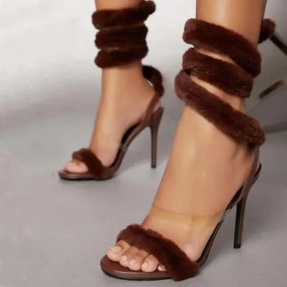 Luxury Furry Fur Serpentine High Heel Sandals for Women - Open Toe Ankle Strap Wedding Shoe