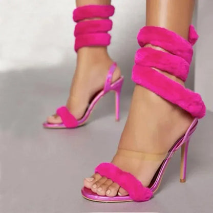 Luxury Furry Fur Serpentine High Heel Sandals for Women - Open Toe Ankle Strap Wedding Shoe