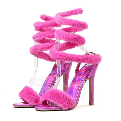 Luxury Furry Fur Serpentine High Heel Sandals for Women - Open Toe Ankle Strap Wedding Shoe