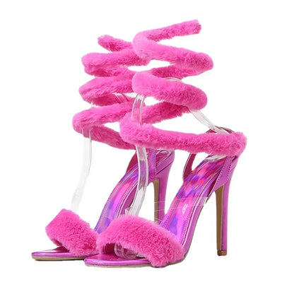 Luxury Furry Fur Serpentine High Heel Sandals for Women - Open Toe Ankle Strap Wedding Shoe