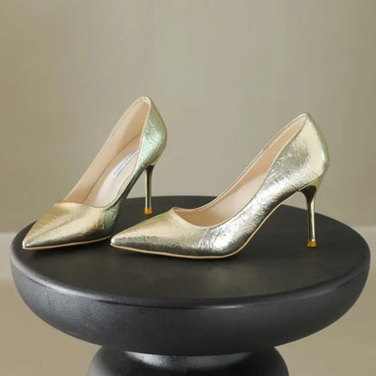 Gold Shiny Luxury Pumps for Women - Large Size High Heel Shoes - Sexy Party Pointed Toe Wedding Mary Jane