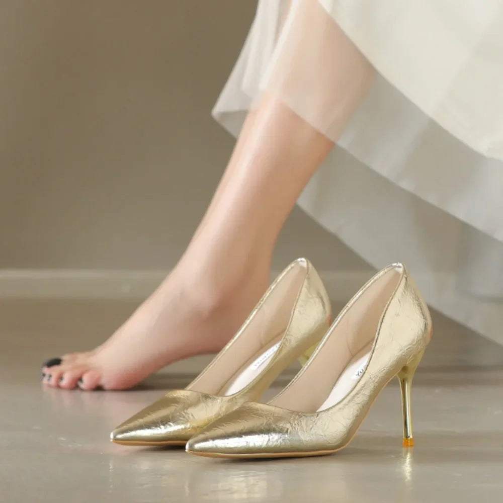 Gold Shiny Luxury Pumps for Women - Large Size High Heel Shoes - Sexy Party Pointed Toe Wedding Mary Jane