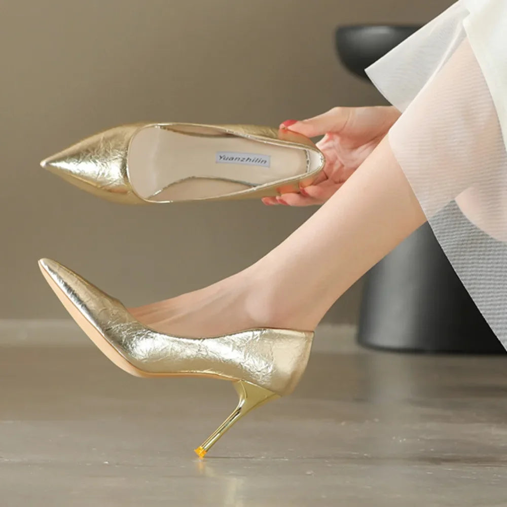 Gold Shiny Luxury Pumps for Women - Large Size High Heel Shoes - Sexy Party Pointed Toe Wedding Mary Jane