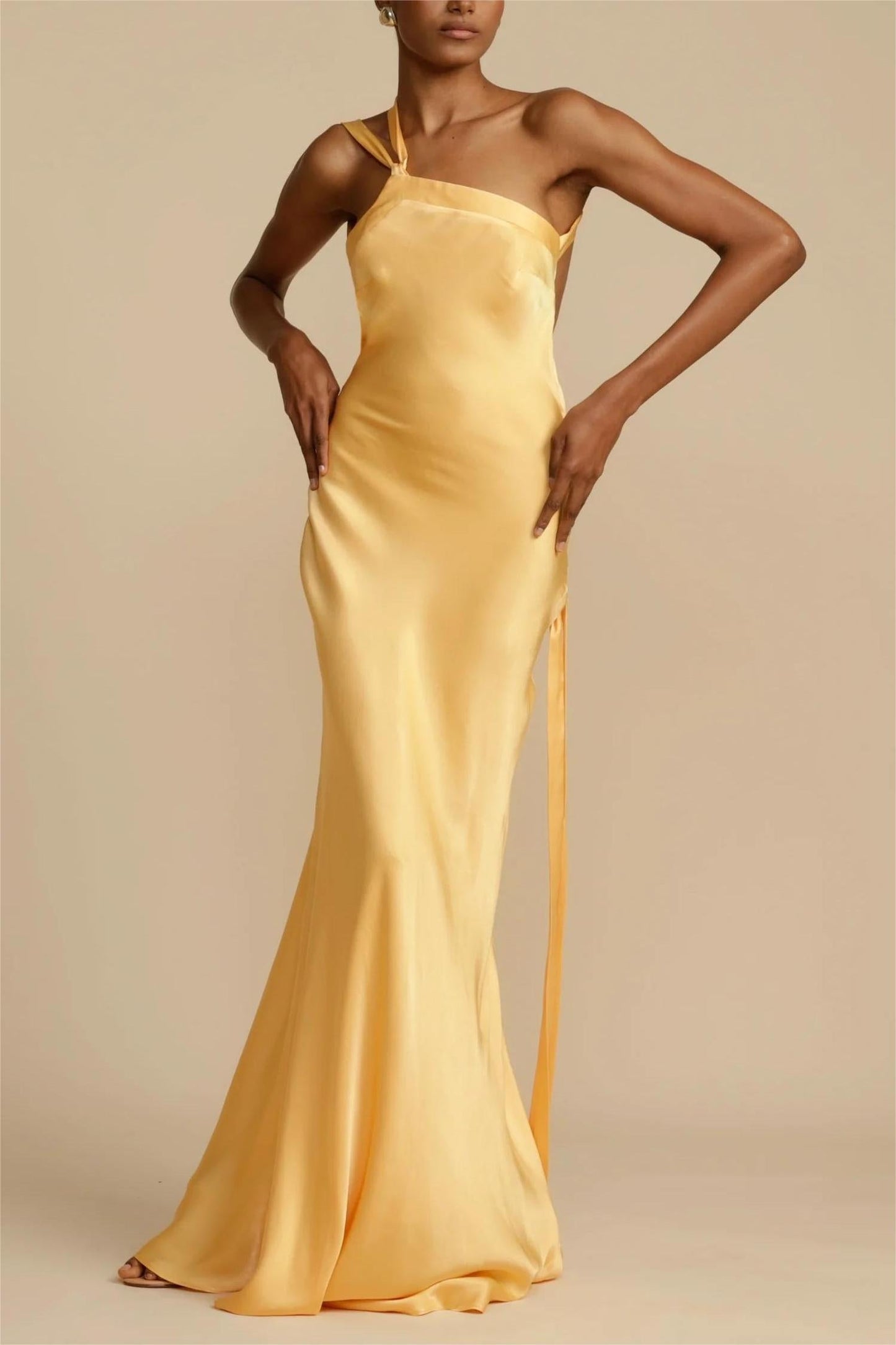 Moonlit Soiree Satin Asymmetrical One Trendy Shouder Backless Strap Maxi Dress