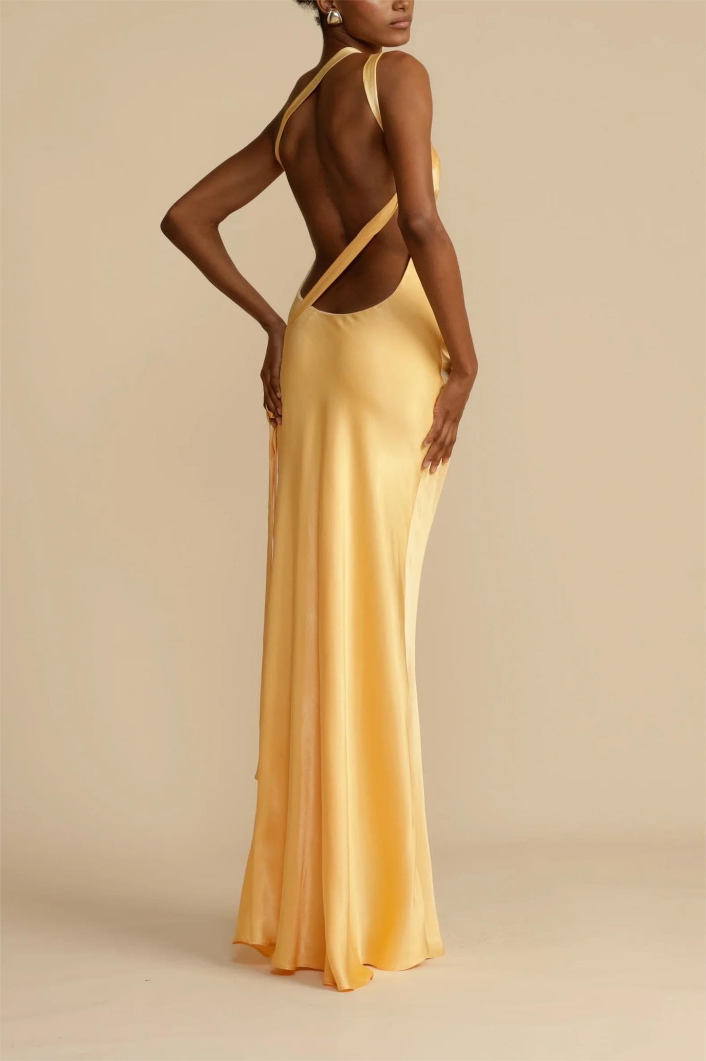 Moonlit Soiree Satin Asymmetrical One Trendy Shouder Backless Strap Maxi Dress