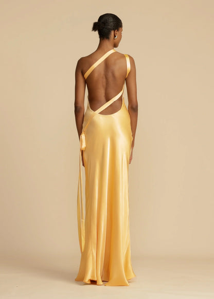 Moonlit Soiree Satin Asymmetrical One Trendy Shouder Backless Strap Maxi Dress