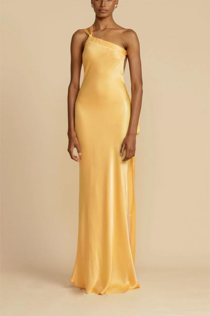 Moonlit Soiree Satin Asymmetrical One Trendy Shouder Backless Strap Maxi Dress