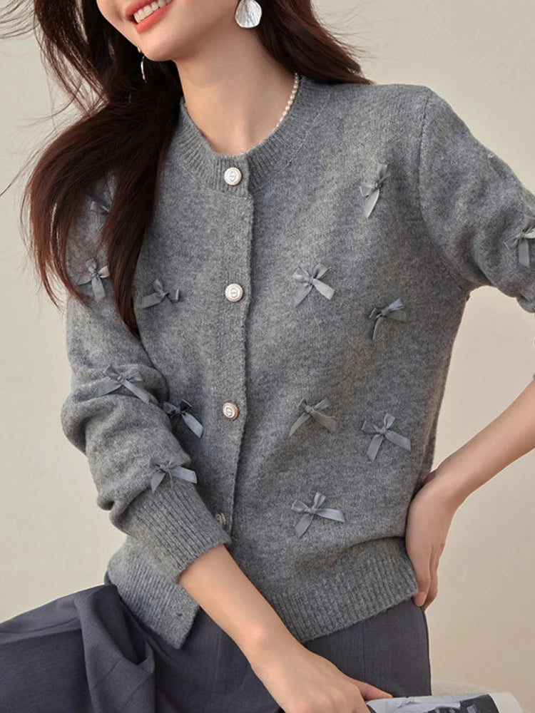 Grey Bow O-neck Cardigan