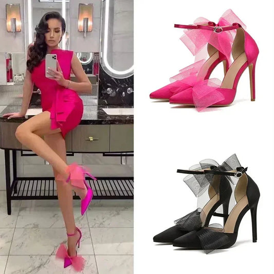 Butterfly-Knot Pointed Buckle Strap High Heel Pumps for Women