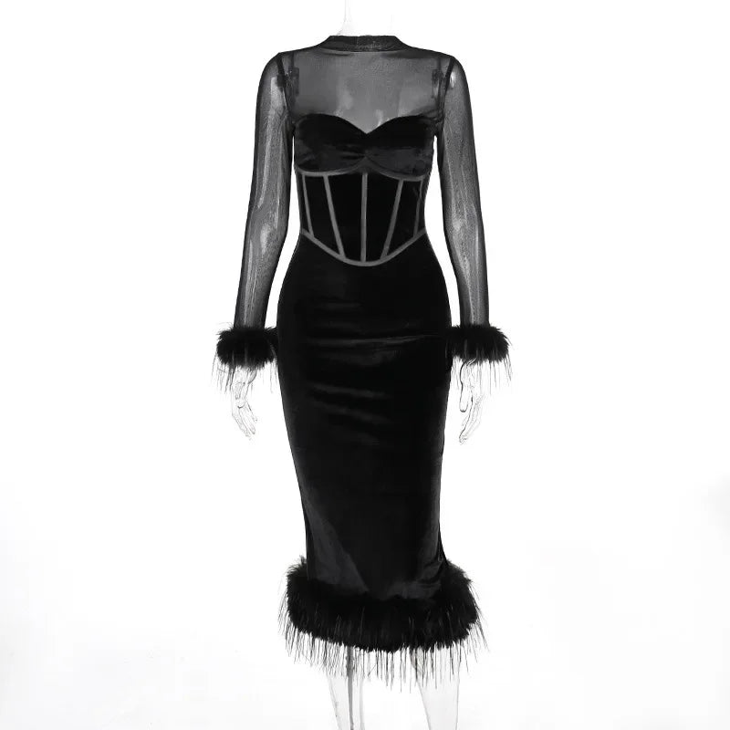 Feathered Retro Slim High Waisted Spliced Mesh Temperamental Female Midi Dress