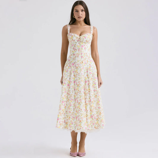 Elegant Floral Print Summer Midi Dress