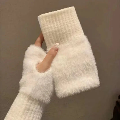 Luxury White Plush Knitted Fingerless Winter Writing Christmas Glove