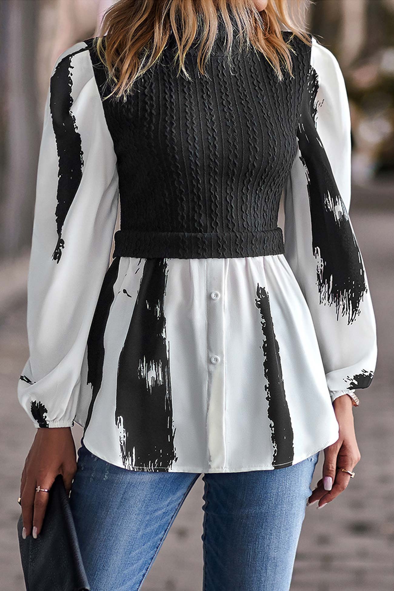 Patchwork Mock Neck Knit Shirt Tops