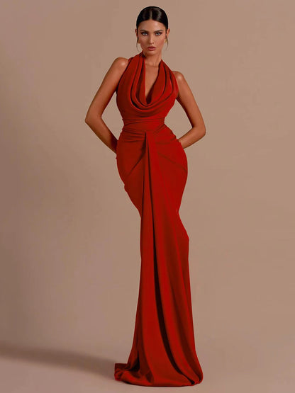 Sexy Backless Sleeveless Halter V-Neck Red Draped Maxi Bodycon Elegant Christmas Party Dress