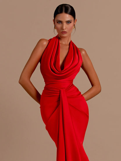 Sexy Backless Sleeveless Halter V-Neck Red Draped Maxi Bodycon Elegant Christmas Party Dress