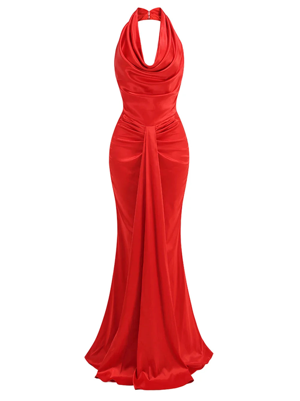 Sexy Backless Sleeveless Halter V-Neck Red Draped Maxi Bodycon Elegant Christmas Party Dress Red / S