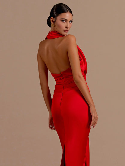 Sexy Backless Sleeveless Halter V-Neck Red Draped Maxi Bodycon Elegant Christmas Party Dress