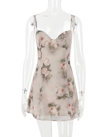 Chiffon Floral Print Spaghetti Strap Backless Boho Dress