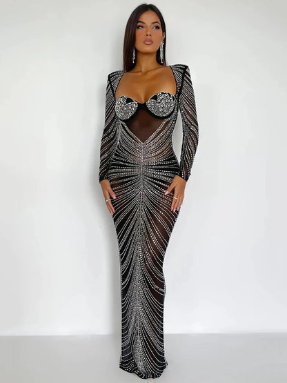 Mozision Glitter Mesh See Through Party Maxi Dress For Women Christmas Party Dress