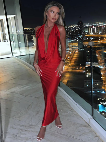 Elegant Satin Deep V Neck Sleeveless Maxi Christmas Party Dress