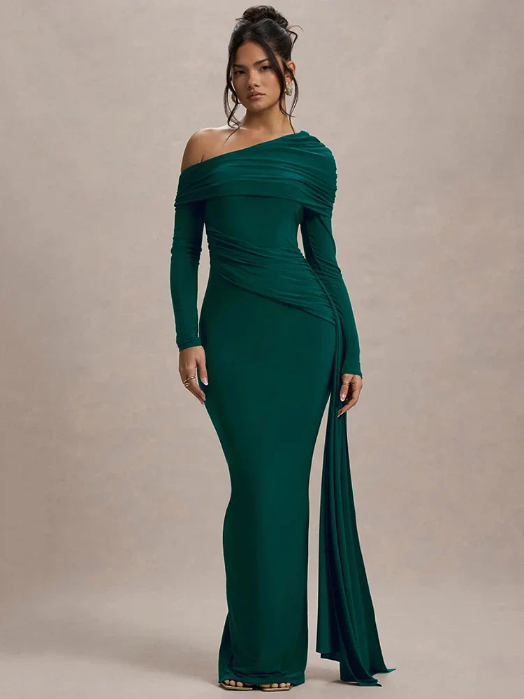 Skew Collar Long Sleeve Maxi Party Dress Partydress-241208