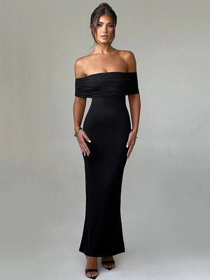 Strapless Backless Sexy Maxi Dress Solid Off-shoulder Sleeveless Bodycon Christmas Party Dress