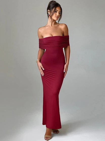 Strapless Backless Sexy Maxi Dress Solid Off-shoulder Sleeveless Bodycon Christmas Party Dress