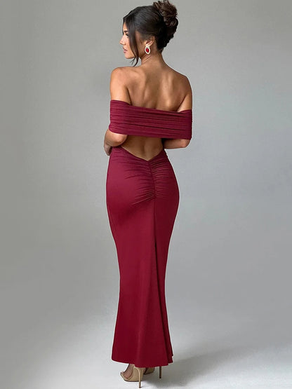 Strapless Backless Sexy Maxi Dress Solid Off-shoulder Sleeveless Bodycon Christmas Party Dress