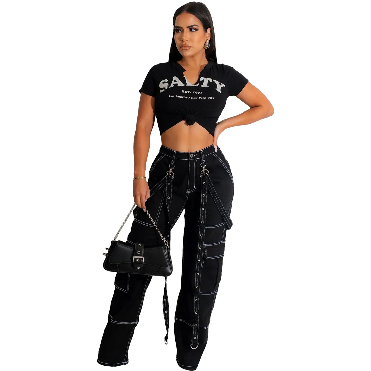 Multi Pockets Loose Straps Fashion High Waist Casual Cargo Autumn Winter Streetwear Denim Jean