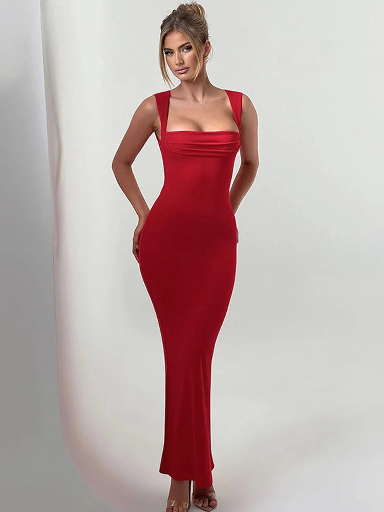 Pleated Sleeveless Evening Party Dress Elegant Sexy Bodycon Maxi Long Christmas Party Dress