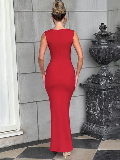 Pleated Sleeveless Evening Party Dress Elegant Sexy Bodycon Maxi Long Christmas Party Dress