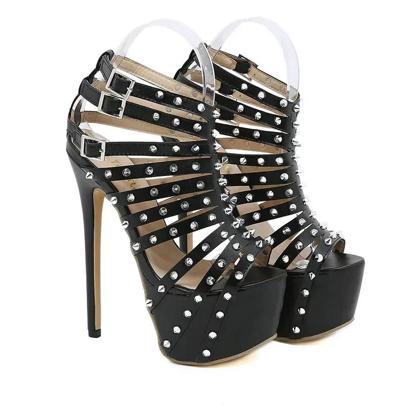 Hollow Rivet Buckle Strap High Heel Sandals Peep Toe Platform Pumps Roman Dance Shoes