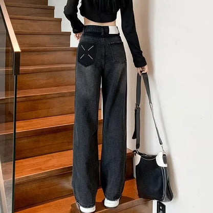 Natural Waist New Button Minimalist Trendy Summer Ins Wash Long Harajuku Wide Leg Black Jean