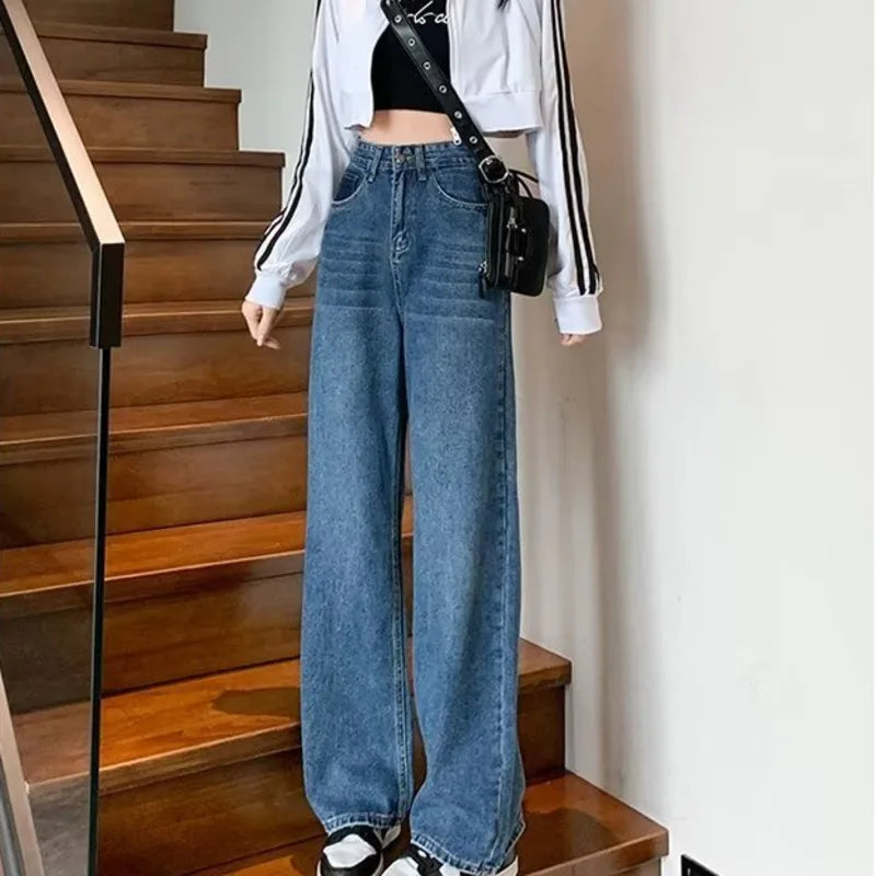 Natural Waist New Button Minimalist Trendy Summer Ins Wash Long Harajuku Wide Leg Black Jean