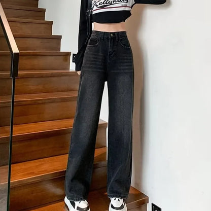 Natural Waist New Button Minimalist Trendy Summer Ins Wash Long Harajuku Wide Leg Black Jean