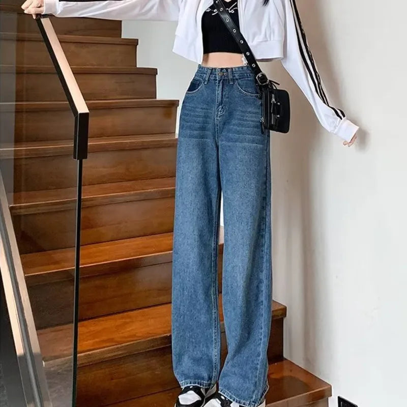 Natural Waist New Button Minimalist Trendy Summer Ins Wash Long Harajuku Wide Leg Black Jean