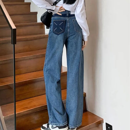 Natural Waist New Button Minimalist Trendy Summer Ins Wash Long Harajuku Wide Leg Black Jean