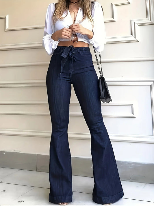 Navy Blue Flared Autumn High-Stretch With Waistband Bell Bottom Wide Legs Denim Jean