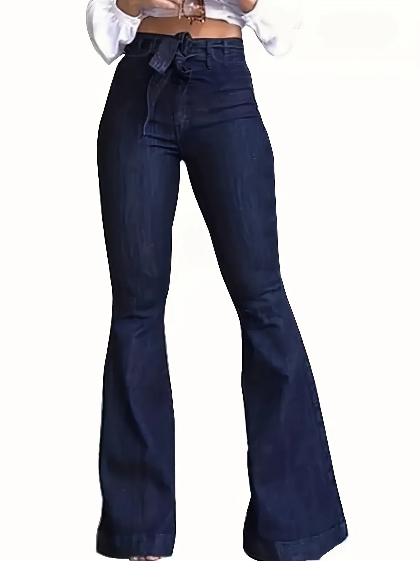 Navy Blue Flared Autumn High-Stretch With Waistband Bell Bottom Wide Legs Denim Jean