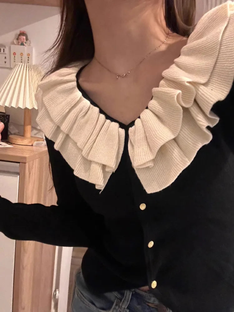 Retro U-Neck Ruffles Knitted Slim Fit Long Sleeve Cardigan Christmas Sweater